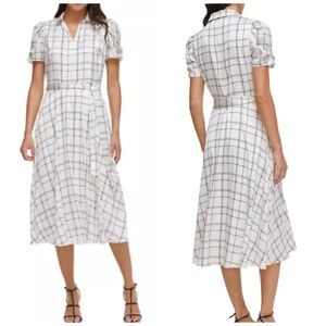 DKNY white and black windowpane check short-sleeve collared midi shirt dress